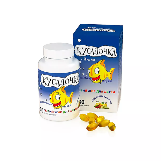 РЫБИЙ ЖИР ДЕТ. КУСАЛОЧКА КАПС.ЖЕВ., 500МГ, №60